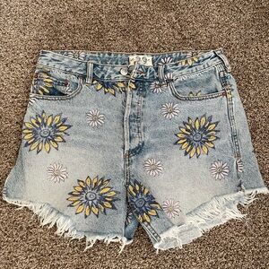 Free People We The Free Blue and Yellow Jean Shorts with Sunflower Embroidery